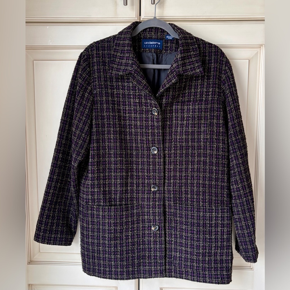 Liz Claiborne Black/Purple Plaid Button-Front Pea Coat/Blazer Wool blend. Med